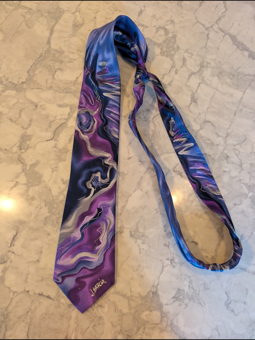 J. Garcia Purple & Blue Hand-Painted Silk Tie